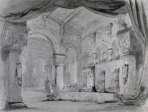 シャトレ、1865年に劇場リリケで演じられたジュゼッペヴェルディ（1813-1901）によるオペラ「マクベス」のパフォーマンスのための宮殿内部のセットデザイン（木炭と紙に白いチョーク）