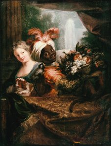 果物のバスケットと犬をなでる少女を抱いた若い黒人男性 作： Charles Antoine Coypel