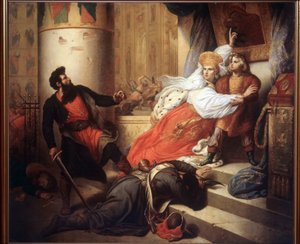 母 (ナタリー・ナリチキネ、ナタリア・ナリチキナ) (1651-1694) は、1682 年のストレリツィ蜂起 (ストレレツ) の際に、ロシアのピョートル 1 世 (またはピョートル大帝) を子供として救出しました (母は、ストレリツィ蜂起中にピョートル 1 世を子供として救出しました)。 1682年の蜂起）。 描きました 作： Charles Auguste Steuben