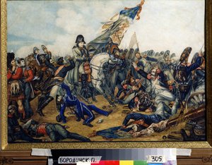 1815 年 6 月 18 日のウォータールーの戦い (ワーテルローの戦い) でのナポレオン 1 世 (1769-1821)。シャルル ド スチューベン (1788-1856) による絵画。 紙に水彩、インク、40 x 55 cm 作： Charles Auguste Steuben