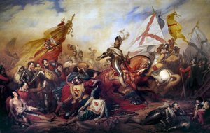 宗教戦争（1562年〜1598年）。"King Henry IV of France (1553-1610) at the Battle of Ivry on 14/03/1590" 王家の軍隊はカトリック同盟の軍隊に勝利した。シャルル・ド・スチューベン（1788-1856）による絵画の詳細 19世紀 日4,2x8,1 m - 和 作： Charles Auguste Steuben