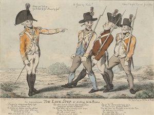 ロックステップ、またはレビューのための穴開け、1797年（カラーエッチング） 作： Charles Aylmer