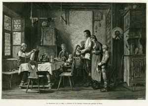 ベネディクトのこと。1884年にドイツ人デピューターのシャルル・グラッドが描いた「アルザスとロレーヌを通って」という物語を説明するために、ブリオンが描いた絵の後にバルバントが彫ったもので、エドゥアール・シャルトン（1807-1890）が監督した「tour du monde 1886」に収録されています。 作： Charles Barbant