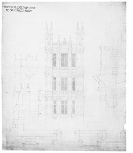 「エリザベス朝様式の研究」、国会議事堂のためのドローイング、c.1836-40（紙にペンとインク）