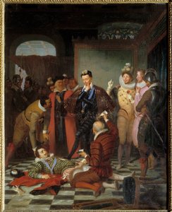 ブロワ城での暗殺の後、バラフレと呼ばれるギーズ公ロレーヌのアンリ 1 世 (1550-1588) の遺体を押すフランス王アンリ 3 世 作： Charles Barthelemy Durupt