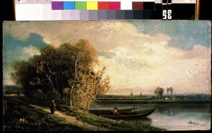 「La berge」（海岸） 漁師と農民の女性がいる川辺の風景。 Charles Barthelemy Jean Durupt (1804-1838) による絵画 19 世紀 Mikhail Kroshitsky Art Museum、セヴァストポリ (セヴァストポリ) ウクライナ 作： Charles Barthelemy Durupt