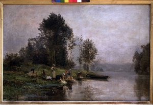 オワーズ川の霧の朝。 nd (キャンバスに油彩) 作： Charles Beauverie