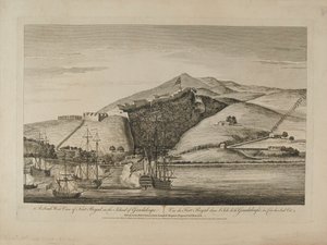？1759年頃、グアダルーペ島のフォートロイヤルのサウスビュー？ 作： Charles Benazech