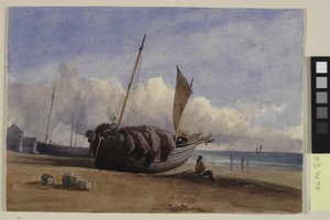 着席漁師と浜に打ち上げられた漁船 作： Charles Bentley