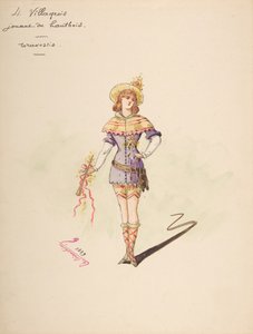 オーボエを演奏する 4 人の村人の衣装デザイン [a]、衣装の説明シート... 作： Charles Bianchini