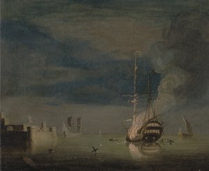 砦から離れた夜の二層船 作： Charles Brooking