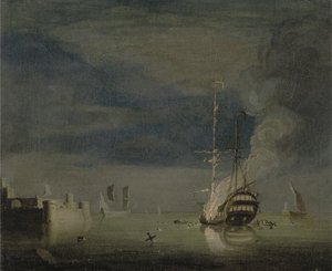 砦から離れた夜の二層船、1740年頃（帆布に油彩） 作： Charles Brooking