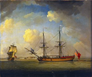 イギリス海軍の物資輸送に使われた2本マストの船 "Naval Snow "が水平線に浮かぶ。 作： Charles Brooking
