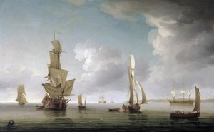 テムズ河口の航海（イギリス）、多種多様な船とイギリス海岸の描写。キャンバスに油彩 作： Charles Brooking