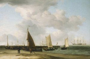 海岸の風景、水平線に戦争の建物。キャンバスに油彩 作： Charles Brooking