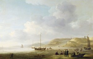 海岸にピンクの釣りをするシェベニンゲン近くの海岸（キャンバスに油彩） 作： Charles Brooking