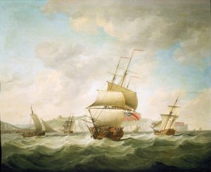 ドーヴァー（イギリス）沖、風に煽られる貿易船と王室のヨット。油彩・キャンバス、1750年頃、チャールズ・ブルッキング（1723-1759）作。 作： Charles Brooking