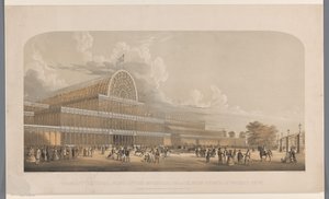 Gezicht op het Crystal Palace プリンス オブ ウェールズ ゲート (オブジェクトのタイトル) から見た産業宮殿のトランセプト (外観)