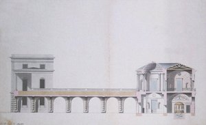 ツァールスコエセローの瑪瑙パビリオンとハンギングガーデンの断面、1780年頃（紙にトイレとペンとインク） 作： Charles Cameron