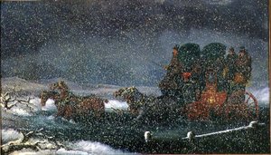 吹雪の中、小川を渡る駅馬車（油彩・キャンバス） 作： Charles Cooper Henderson