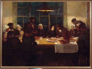 海の国での別れの食事 ブルトン人の家族がテーブルを囲んでいる様子。シャルル・コテ（1863-1924）のトリプティクエの中央パネル。1898年日。1,76x2,37 m パリ、オルセー美術館