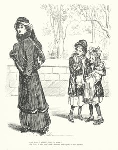 妹よ：未亡人？未亡人って何？お姉ちゃん：ご主人がいて、また次のご主人を持つ予定の女性のことです。 作： Charles Dana Gibson