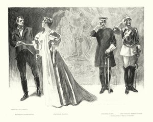 ルドルフ・ラッセンディル、フラヴィア王女、サプト大佐、ベルネンシュタイン中尉（リトグラフ） 作： Charles Dana Gibson