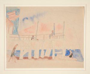 4 人の人物がいる桟橋 作： Charles Demuth