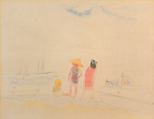 ビーチで2人の女性と子供（トイレと紙に鉛筆） 作： Charles Demuth