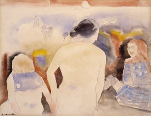 20 世紀初頭の黒髪と 2 人の子供を持つ無題の女性。 作： Charles Demuth