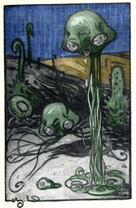 H. G. Wells (1866-1946) の小説「The War of the Worlds」の M. Dudouyt による挿絵。 惑星火星の住民の代表。 作： Charles Dudouyt