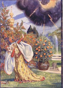 厚い雲が現れ、そこから稲妻のフォークが投げ出されました。モーセガスター（1856-1939）1921年のルーマニアの伝説の子供たちの物語におけるスクナムルガのシーン
