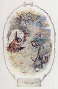 やかんを持つ老婆の姿（カラーリトグラフ 作： Charles Edmund Brock