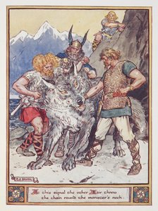 この合図で、もう一方のエシールが怪物の首に鎖を投げつけた。 Tyr は彼の手を鎖でつながれることを約束します。 1930年（カラーリソ） 作： Charles Edmund Brock