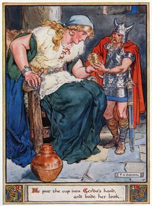 「彼はカップをゲルダの手に入れて、彼女の顔を見せた」、イラストは「アスガルドの英雄、スカンジナビア神話の物語」、アン・ウンド・キーリー作、1930年