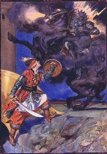 Moses Gaster（1856-1939）1921によるルーマニアの伝説の子供たちの物語のSucna Murgaのシーン、「最愛の強盗」と戦うために来ました 作： Charles Edmund Brock