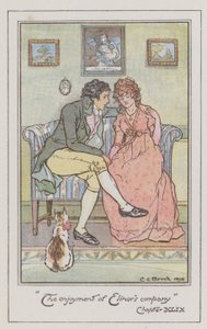 ジェーン・オースティンの「Sense and Sensibility」のイラスト（カラーリトグラフ）。 作： Charles Edmund Brock