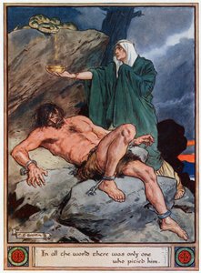 「すべての世界で彼を哀悼したのは1人だけ」、イラストは「アスガルドの英雄、スカンジナビアの神話の物語」、1930年のA und E Kearyによる
