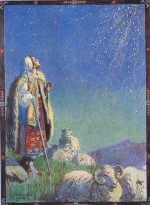 それは火花のシャワーとして降りました、モーゼス・ガスター（1856-1939）1921年の「ルーマニアの伝説の子供たちの物語」の「ホタルの物語」の場面 作： Charles Edmund Brock