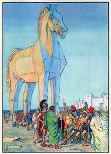 「子どもの時間：古典からの物語」のトロイの木馬、ウェイバリーブックカンパニー 作： Charles Edmund Brock