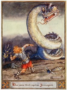 1930年、アンウントキーリー作「トールヨルムンガンドに対抗」、「アスガルドの英雄、スカンジナビア神話の物語」のイラスト 作： Charles Edmund Brock