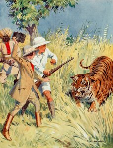 インドでの虎狩り、「もう一匹の虎」のシーン（カラーリトグラフ 作： Charles Edmund Brock