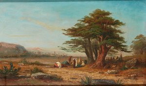キャンプの準備、休息中のラクダ (パネルに油彩) 作： Charles Edouard (attr.to) Frere