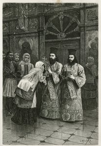 Pritres donnant a baiser les images saintes、Ch.Delortのエングレーヴィング。1861年、1868年、1874年にギリシャを訪れたアンリベルの航海を描いたもので、エドゥアール・シャルトンの指導の下、『tour du monde』に掲載された。 作： Charles Edouard Delort