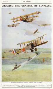 英仏海峡を飛ぶイギリスの水上機（カラーリトグラフ
