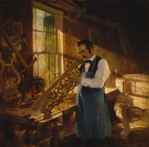 作業台に立つヘンリー・エンゲルハルト・スタインウェイ、1920 年頃 作： Charles Edward Chambers