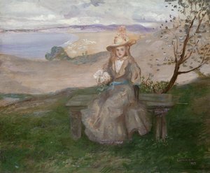 1899年、スワネージベイの上に花束を持つ少女