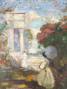 19世紀のドレスを着た2人の人物が描かれた叙情的な風景、1890〜1900年