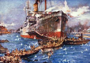 クライド川からガリポリのVビーチに上陸するイギリス軍（1915年4月25日）（カラーリトグラフ 作： Charles Edward Dixon