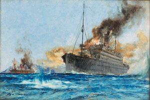 南大西洋のトリニダーデ沖で「キャップ・トラファルガー」を沈没させた「カルマニア号 作： Charles Edward Dixon